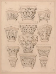 Kapitelle in der Abteikirche von St. Georges de Bocherville, nahe Rouen, Normandie